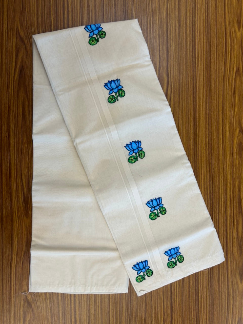 KaithariKada Balaramapuram 100% Cotton Double Off white - (Unbleached) Mundu/Dhoti-100x80 - 0.5 inch Hand Painted Blue Lotus Design Kara 3.80 mtr (8 muzham) - 5 KK5244 ASH