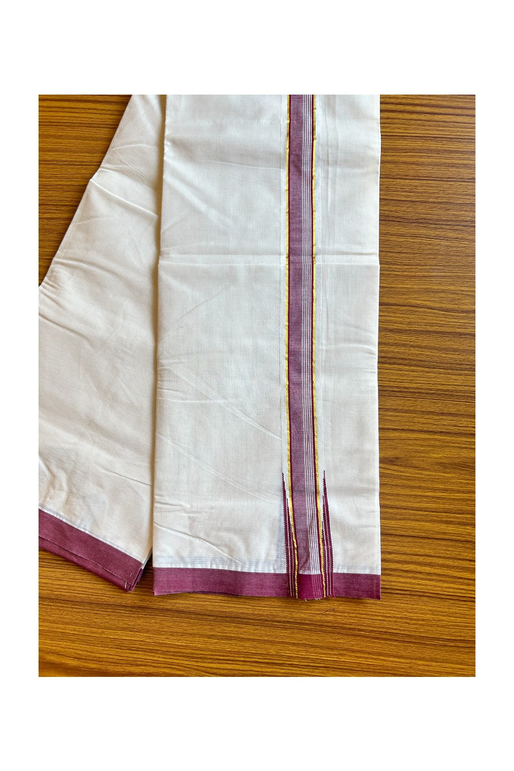 24% DISCOUNT ! KaithariKada 100% Cotton OFF WHITE (Unbleached) Double Dhoti/Mundu- 2inch Puliyilakkara Maroon & Kasavu Wings Chutty - 7KK423ASH