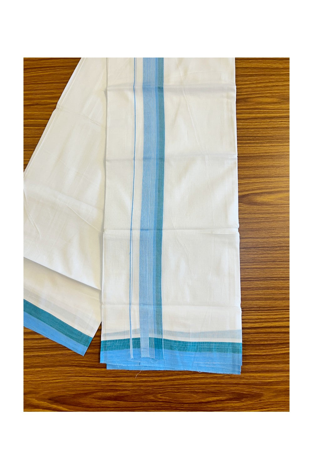 26% DISCOUNT!!! KaithariKada Balaramapuram 100% Cotton PURE white Double Mundu/Dhoti-100x90 2 Inch Sky Blue & Green shaded White stripes kara - 7KK448VIN
