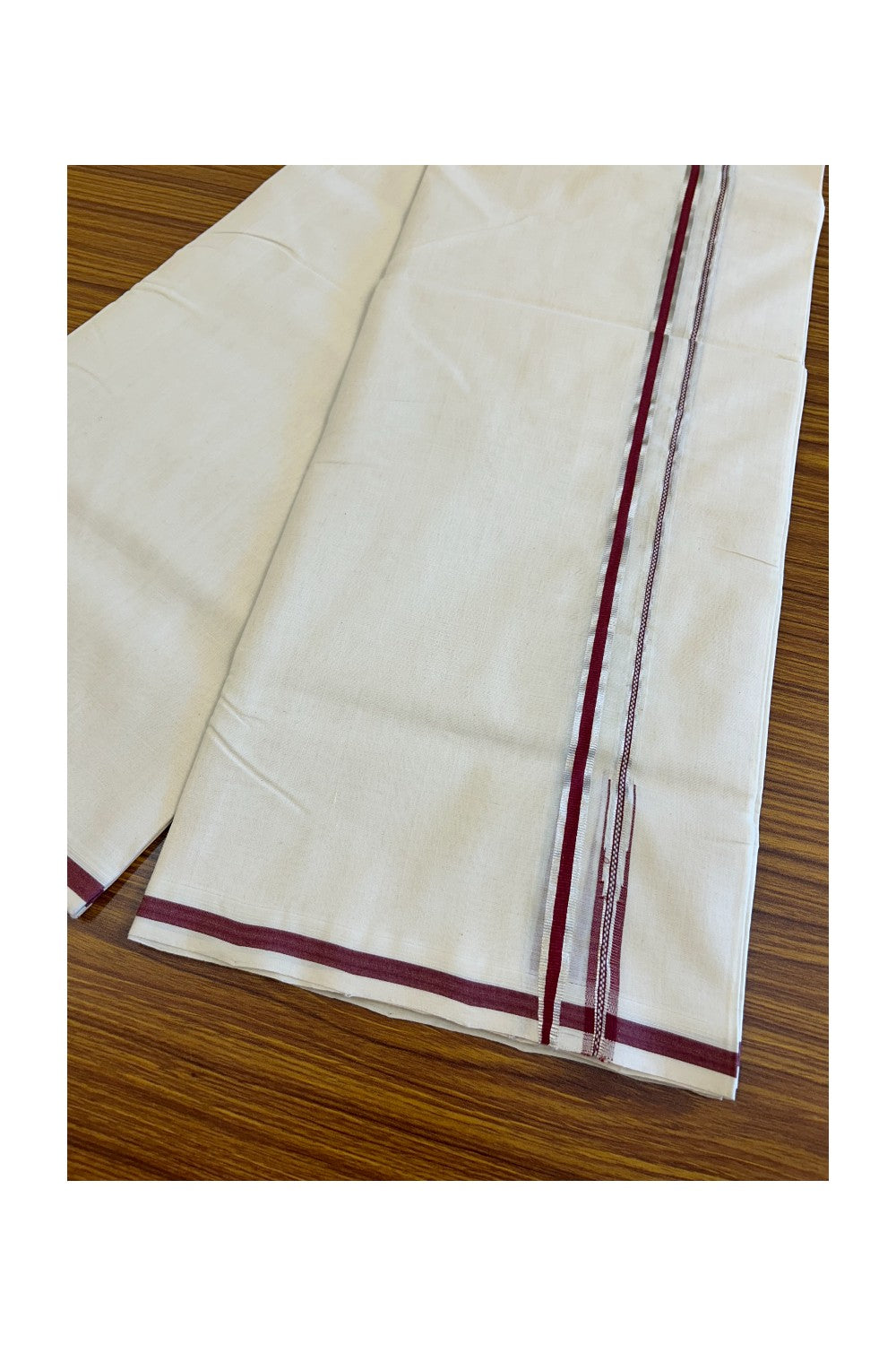 25% DISCOUNT!! KaithariKada HANDLOOM UNAKKUPAAV Balaramapuram - 100% PURE Cotton OFF White - (Unbleached) Double Mundu/Dothi - 1.5 cm Maroon & silver Puliyilakkara chutty - 7KK476RAM