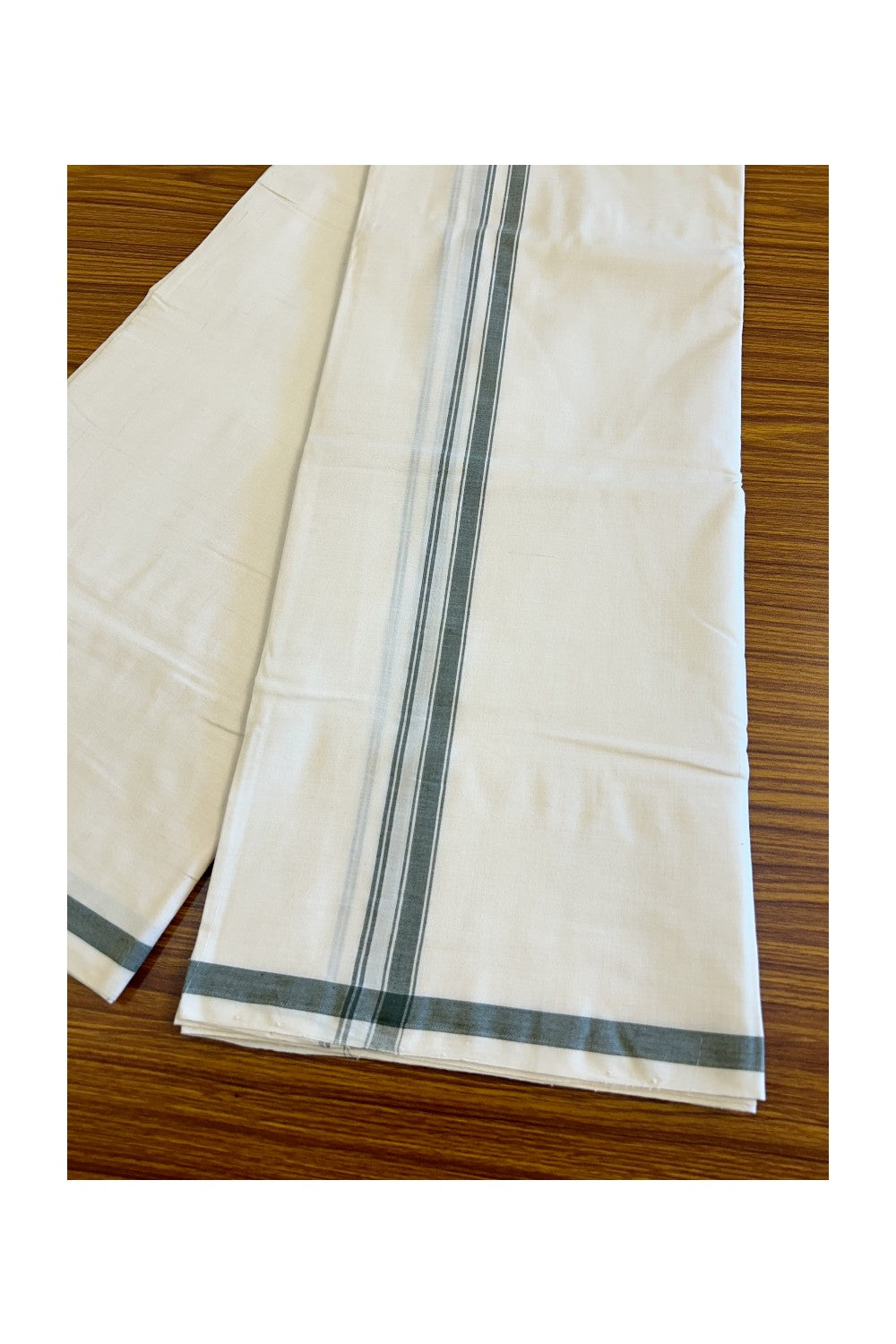 120X120 PREMIUM Kaitharikada Exclusive - 25% DISCOUNT! BALARAMAPURAM HANDLOOM Unakkupaavu - 100% PURE Cotton Double Mundu/Dhoti OFF WHITE (Unbleached) - 1 inch Green Striped Kara - 7KK477KAL