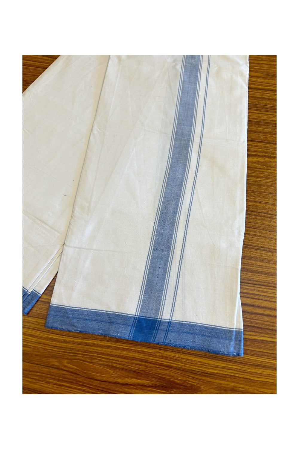 Kerala Handloom - Signature Kaitharikada - 25% Discount! - Government Sealed Hallmarked - 100% Pure Cotton! (80x80) Twisted Thread- Light White Single Mundu / Dhoti - 1.75inch Blue Striped Kara - 7KK478KAL