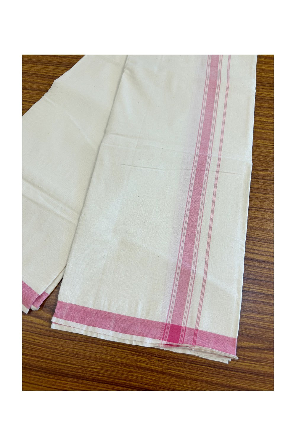 25% Discount KaithariKada 100% Cotton Balaramapuram Handloom Single Mundu/Dhoti - Off White - (Unbleached) 1.75 inch Pink Stripes Kara (2 meter / 4 muzham) - 7KK499KK