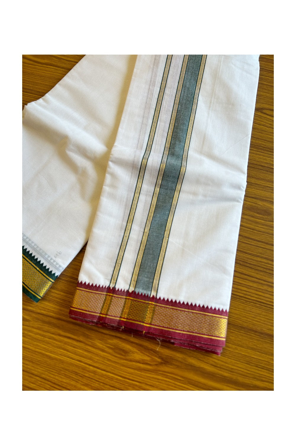 15% DISCOUNT! KaithariKada - Cotton Mix - PURE White - 80x80 thread- 80% Cotton & 20% Polyester - (Unbleached) NORTH INDIAN - ATTACHED GAMCHA - 10x6 Dhoti- Gold Kasavu Green & Maroon 2.65 inch kara - 7KK5008PMC