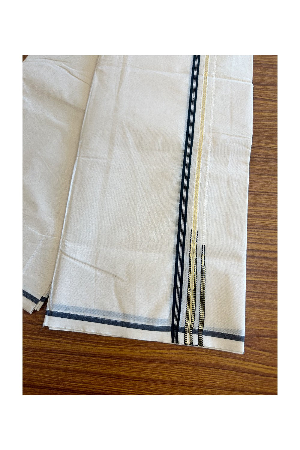 21% Discount!!! KaithariKada Balaramapuram 100% Cotton off white Double - (Unbleached) Mundu/Dhoti-100x100 0.5 inch Double Puliyilakkara Chutty Black Stripes & Kasavu - 7KK5012ASH