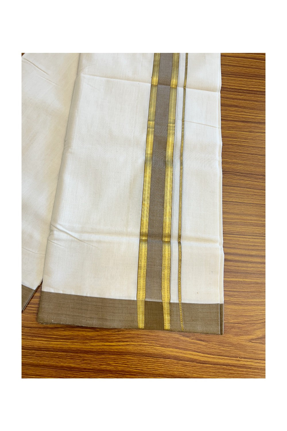 30% Discount KaithariKada HANDLOOM Unakkupaav Balaramapuram - 100% PURE Cotton Off White (Unbleached) Double Mundu/Dhoti - 2.5 inch Kasavu & Brown Kara - 225