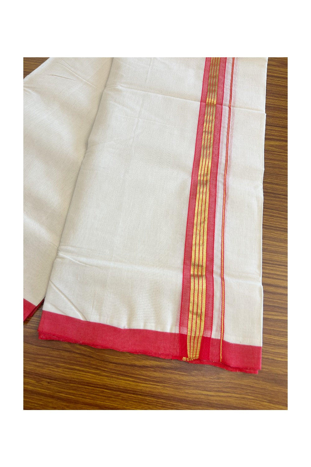 25% DISCOUNT! KaithariKada HANDLOOM Millpaav Balaramapuram - 100% PURE Cotton off white (Unbleached) Double Mundu/Dhoti - 1.75 inch Kasavu & Red+Pink Kara-134
