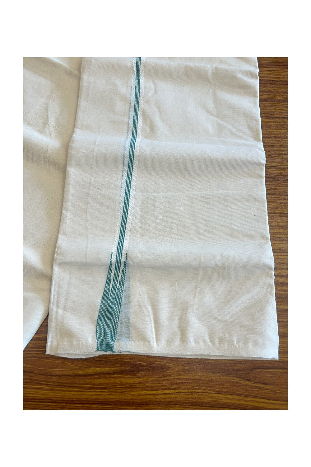 26% Discount! KaithariKada Balaramapuram 100% Cotton Double Off white - (Unbleached) Mundu/Dhoti-100X100 - 4 LINE BLUE GREEN STRIPES 1.5cm Kara.- 16.