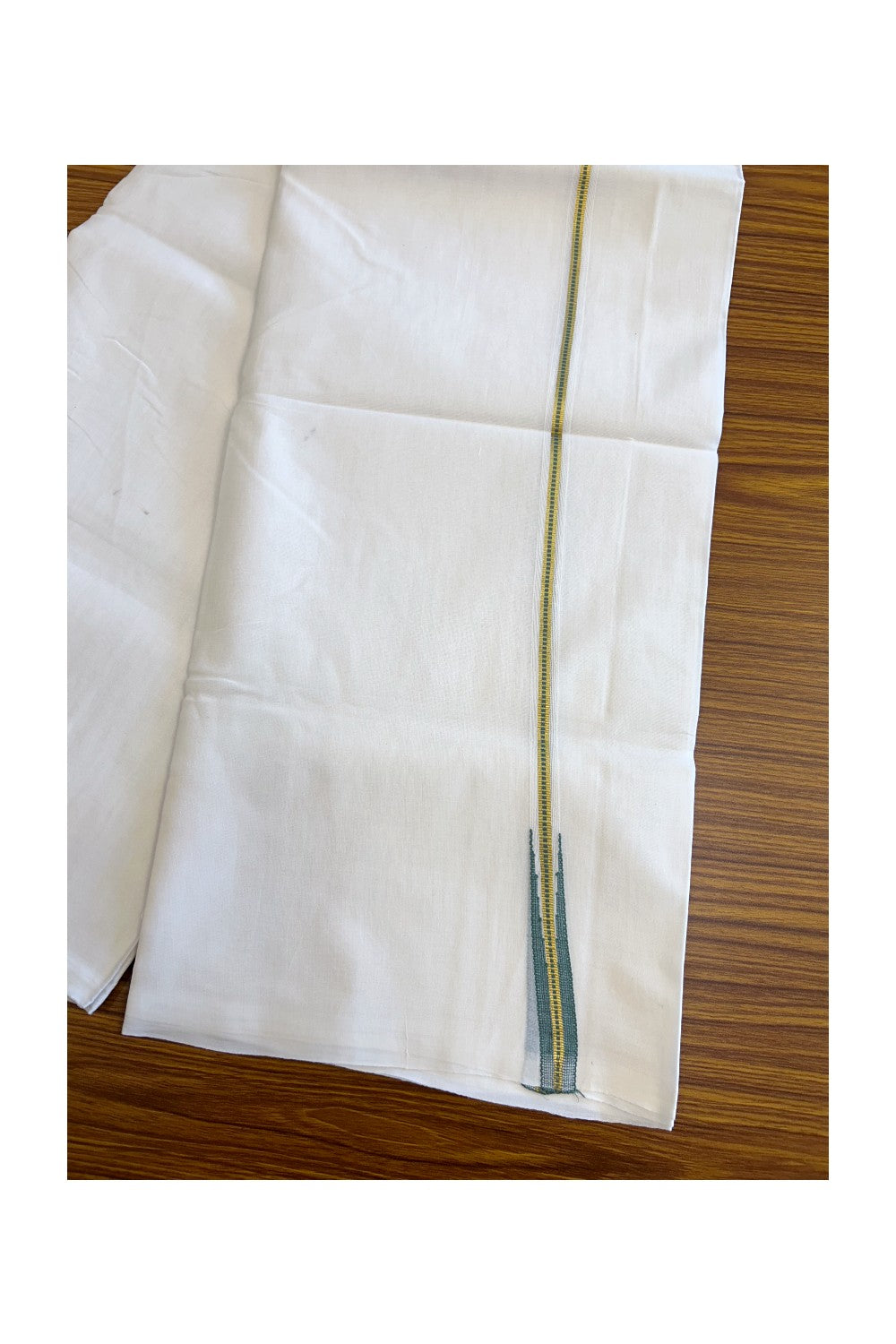 23% DISCOUNT!! KaithariKada Balaramapuram 100% Cotton PURE WHITE Double Mundu/Dhoti-100x100 0.5 inch Puliyilakkara MUTHUKKURI Greyish Green And Kasav Chutty Pattern Kara - 7KK5067KK