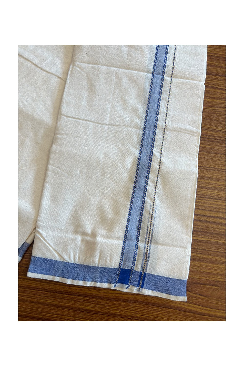 25% Discount ! KaithariKada 100% Cotton Balaramapuram HANDLOOM Single Mundu/Dhoti - Off White (Unbleached) 1.Inch (2 meter / 4 muzham) Blue Puliyilakkara Chutty- KAIH01.