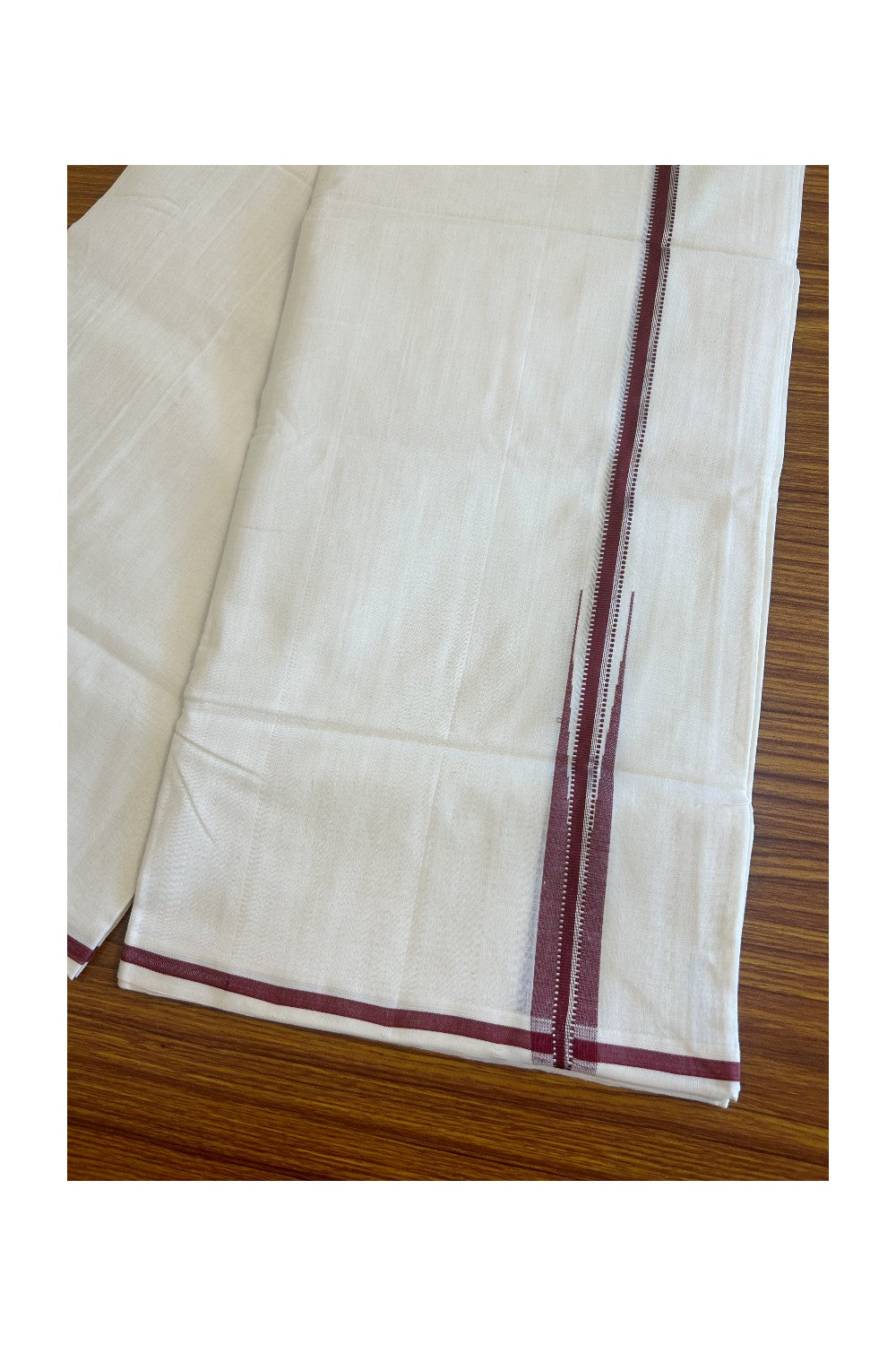 25% DISCOUNT!! KaithariKada HANDLOOM Unakkupaavu Balaramapuram - 100% PURE Cotton OFF White - (Unbleached) Double Mundu/Dothi - Silver Kasavu & Maroon puliyilakkara chutty- 7KK506RAM
