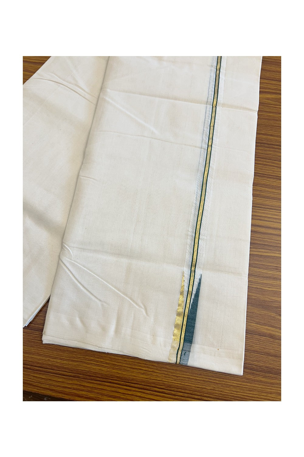 30% DISCOUNT!! KaithariKada HANDLOOM Millpaav Balaramapuram - 100% PURE Cotton OFF White (Unbleached) Double Mundu/Dothi - Kasavu & dark green Puliyilakkara chutty - 15KK86RAM
