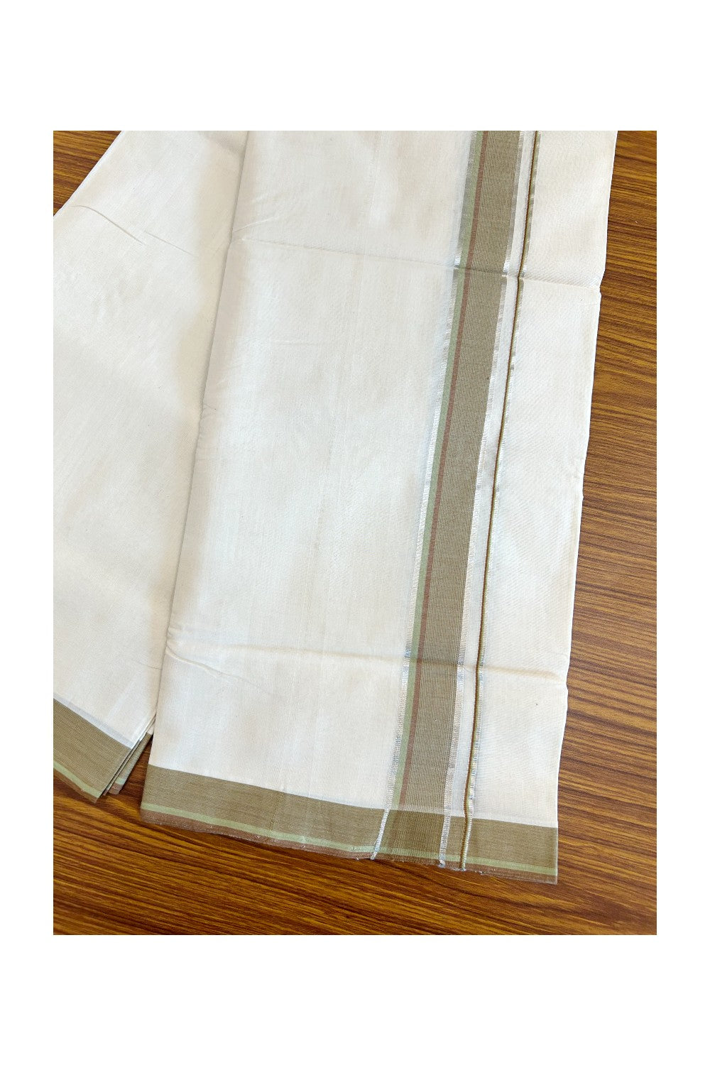 25% DISCOUNT!! KaithariKada HANDLOOM Unakkupaav Balaramapuram - 100% PURE Cotton OFF White - (Unbleached) Double Mundu/Dothi - 1.75 inch Green Brown & Silver striped pattern kara - 47KK403RAM