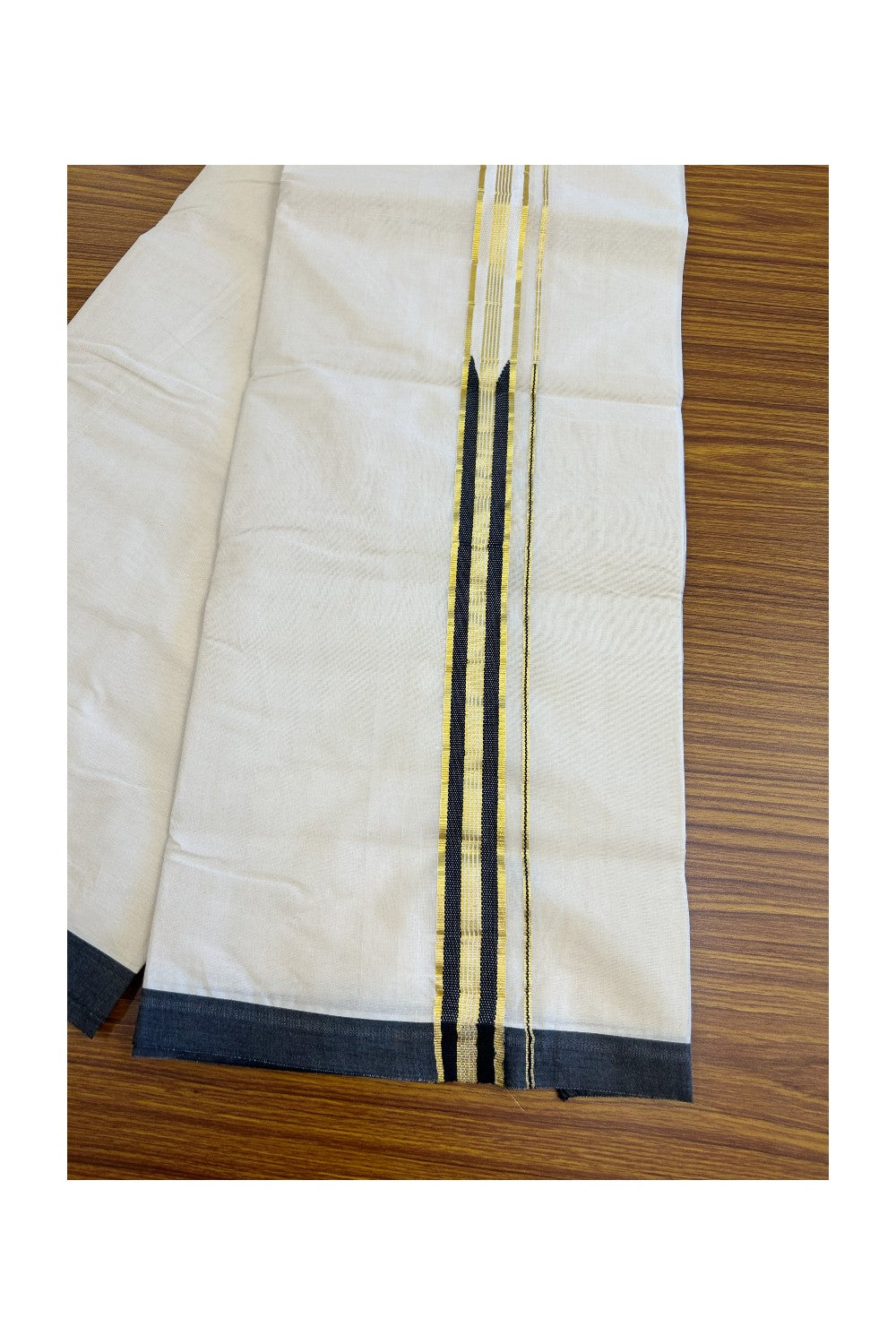 20% Discount! KaithariKada Balaramapuram 100% Cotton Double Off white - (Unbleached) Mundu/Dhoti-100x100 Chutty Heavy Designer Black & Kasavu 1.25 inch Kara- ASH019.