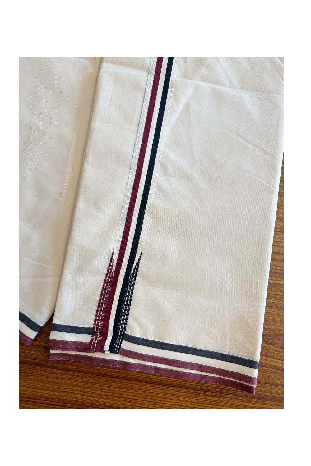 ADMK VESHTI - 25% DISCOUNT! KaithariKada 100% Cotton off white Double - (Unbleached) Mundu/Dhoti - 100X100 - 1 inch Black White & Maroon Striped Wings Chutty kara 3.80 meter (8 Muzham) - 7KK5079ASH