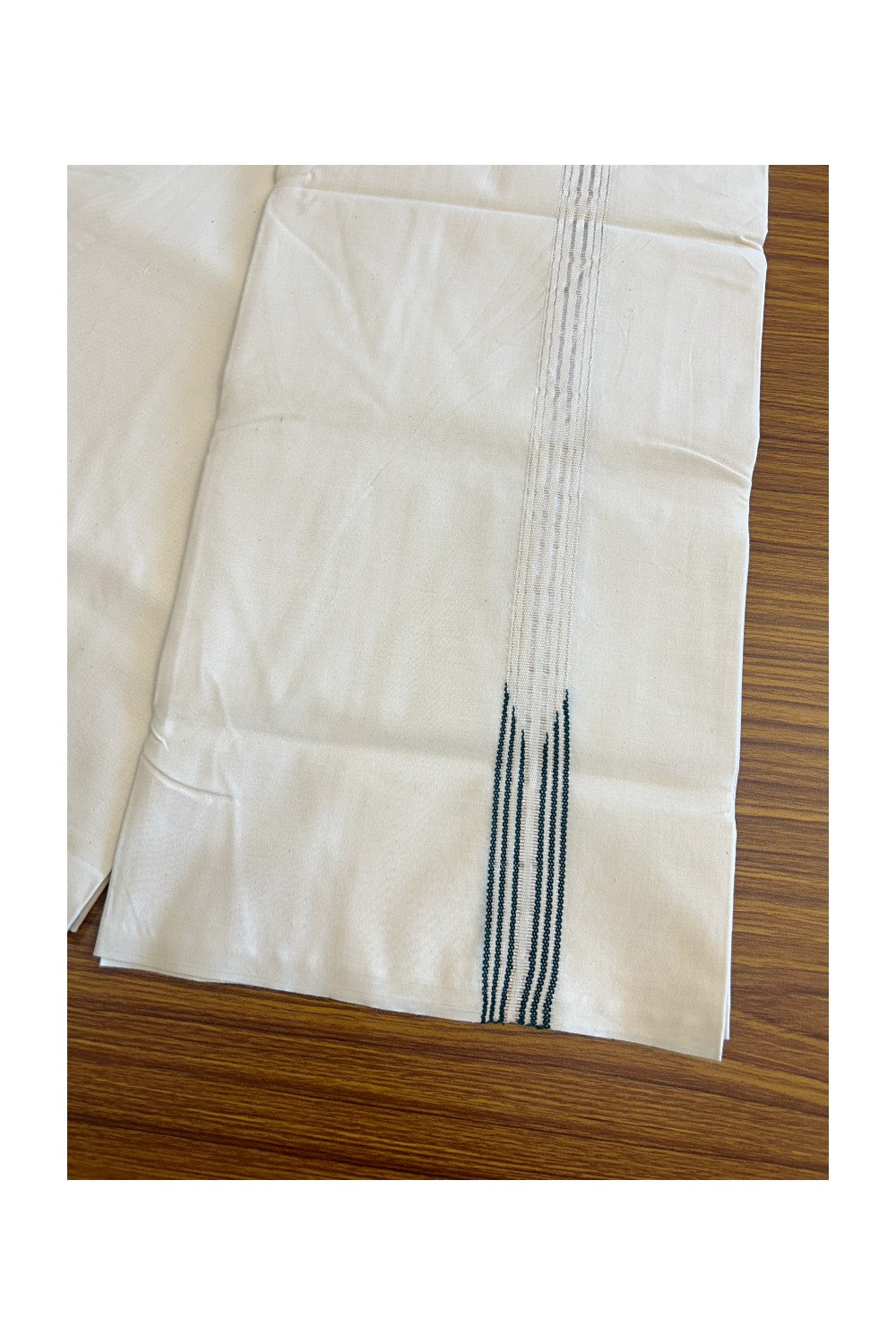 31% DISCOUNT ! KaithariKada Balaramapuram 100% COTTON SINGLE OFF WHITE (Unbleached) Mundu/Dhoti-100X100- 1 Inch 6 Line Puliyilakkara Silver Kasavu & Dark Green Chutty Kara (2 metre / 4 muzham) - 7KK5084ASH