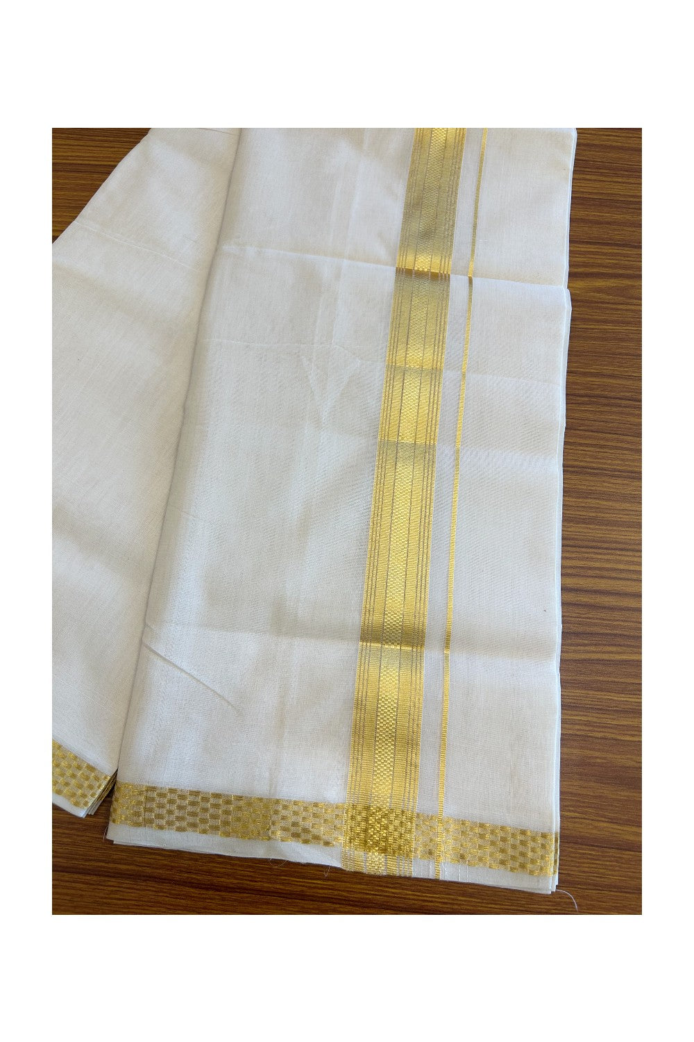 25% DISCOUNT ! KaithariKada HANDLOOM Unakkupaav Balaramapuram - 100% PURE Cotton Off White - (Unbleached) Double Mundu/Dhoti - 100x100 5.5 cm Kasavu Stripes kara - 7KK5097ABH
