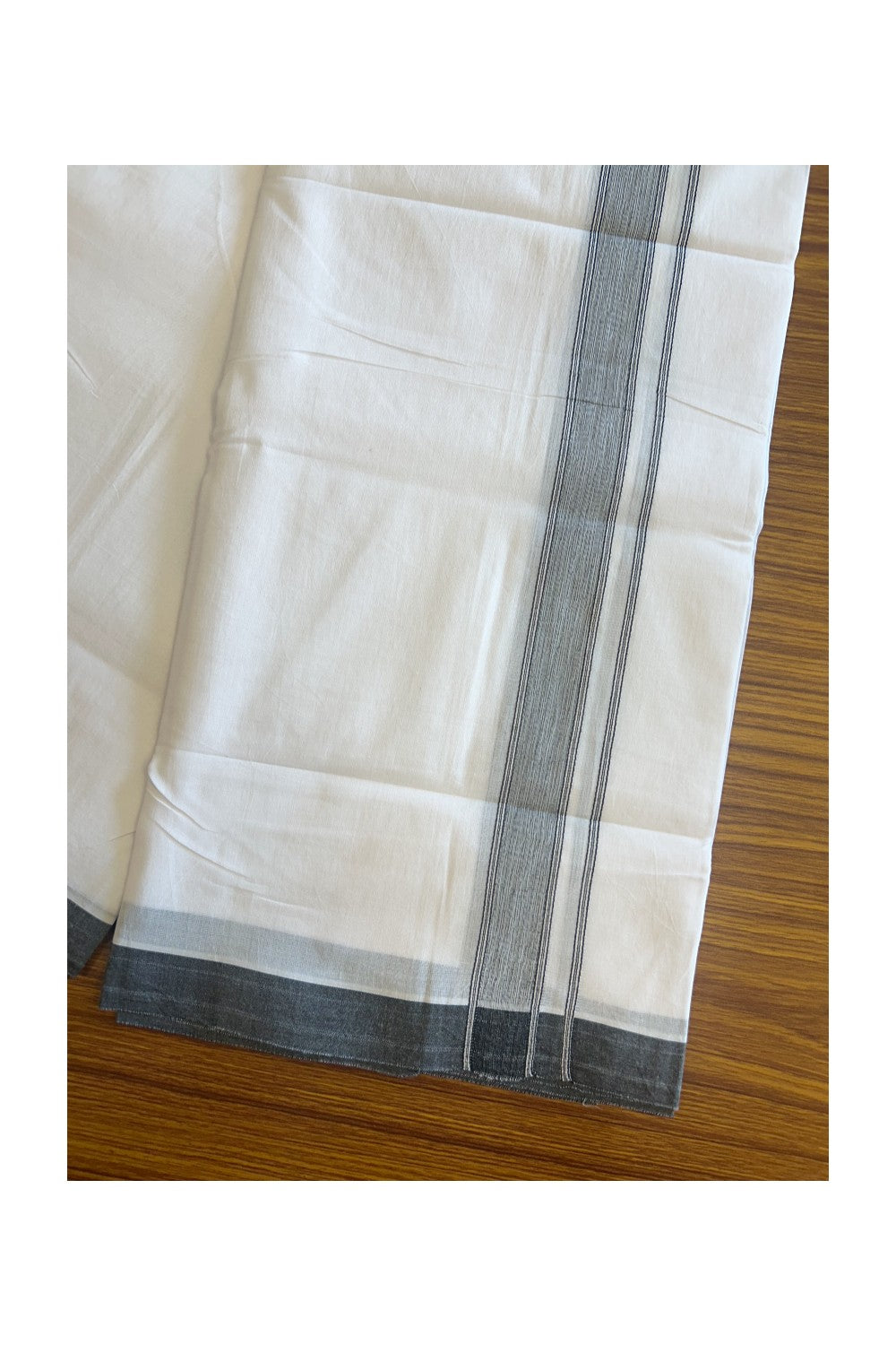 23% Discount ! KaithariKada Balaramapuram 100% Cotton Double PURE WHITE - Mundu/Dhoti- 100x80 - 1.75 inch Black Shaded Striped Kara.- 6KK5127ASH