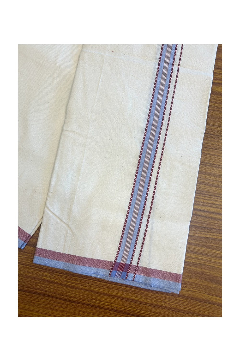 SIGNATURE KAITHARIKADA EXCLUSIVE SINGLE DHOTI - 30% Discount!! 100% Cotton Balaramapuram HANDLOOM Single Mundu/Dhoti - Off White - (Unbleached) 1 inch Lavender Blue & Maroon Silver Kasavu White stripes Muthukuri kara (2 meters /4 muzham) - 6KK5131KAI