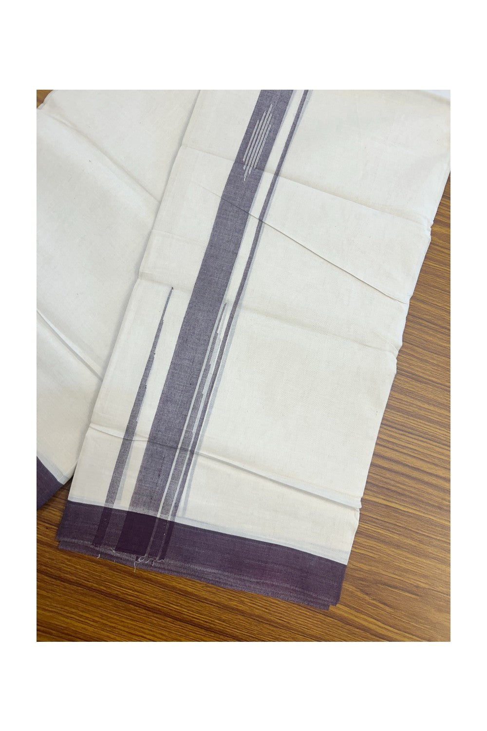 25% DISCOUNT! KaithariKada Balaramapuram Double OFF WHITE 100% Cotton Mundu/Dhoti - 100x80 - 2 inch Putta Design Wine Purple chutty kara - 7KK5174THI
