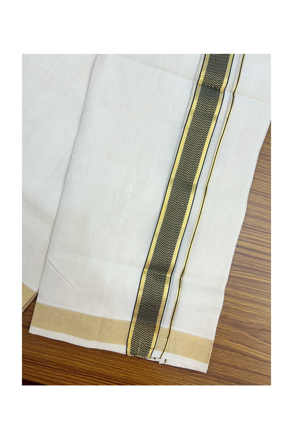 25% DISCOUNT ! KaithariKada HANDLOOM Unakkupaav Balaramapuram - 100% PURE Cotton Off White - (Unbleached) Double Mundu/Dhoti - 100x100 - 1.5 inch Gold Kasavu Black Jacquard Designer Kara - 7KK5176ABH