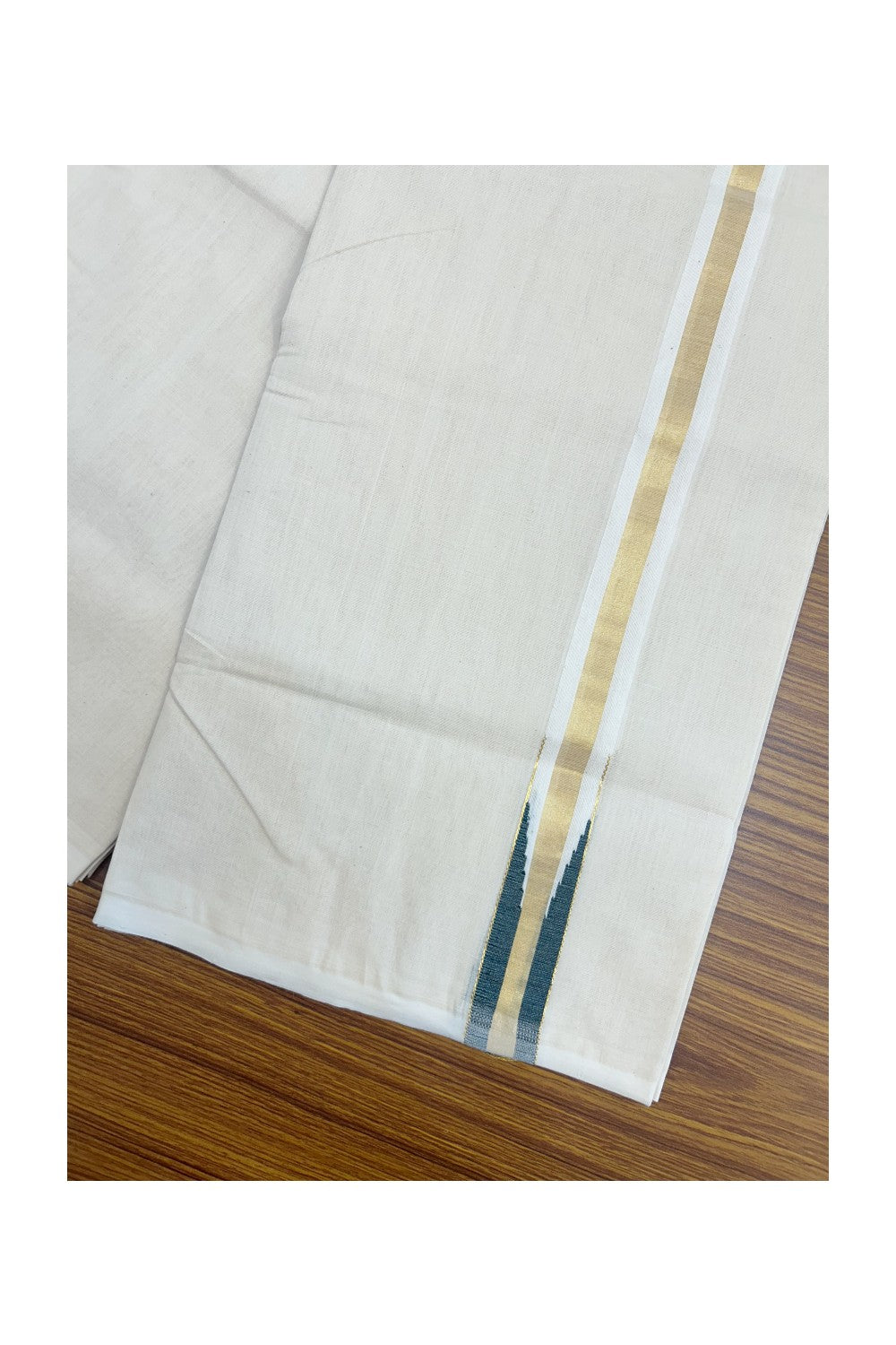 25% DISCOUNT!! KaithariKada HANDLOOM MILPAAV Balaramapuram - 100% PURE Cotton OFF White Double - (Unbleached) Mundu/Dothi - 100x100 - 3 cm Kasavu Green chutty Kara - 6KK5177RAM