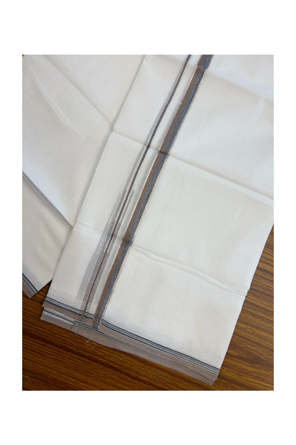 20% Discount !! Kaitharikada Balaramapuram 100% Cotton PURE WHITE DOUBLE Mundu/Dothi- 100X80 Thread - 0.5 inch - Silver Kasavu Black & Grey Brown Design Chutty Kara - 7KK5184RAMS