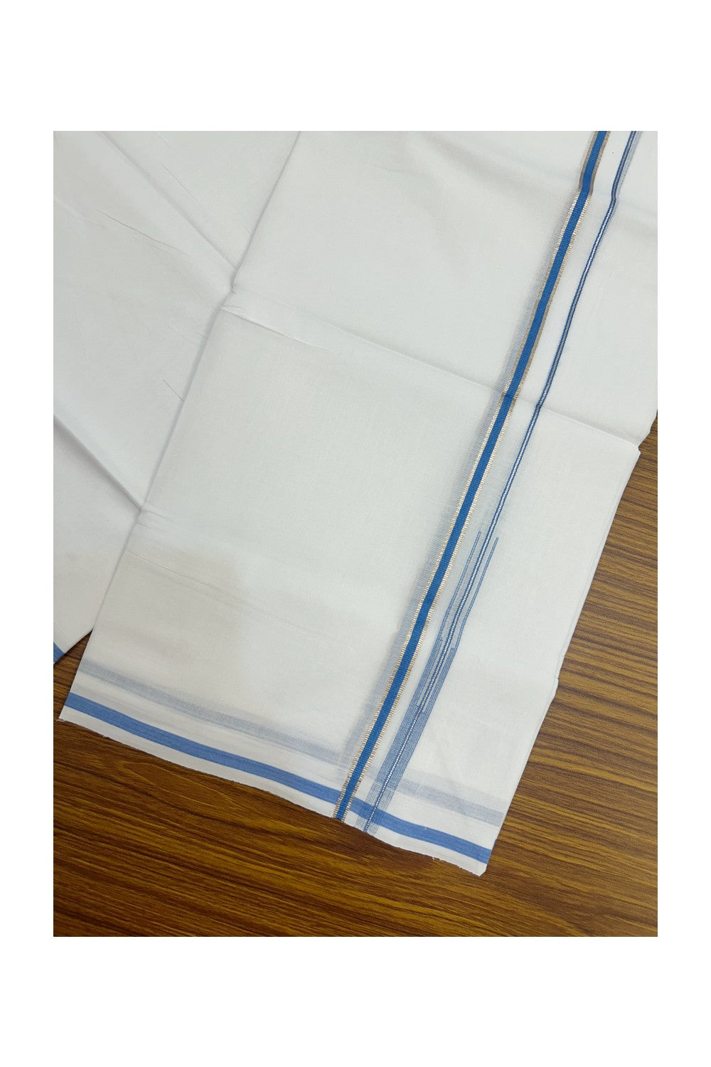 20% Discount !! Kaitharikada Balaramapuram 100% Cotton PURE WHITE Double Mundu/Dothi - 100x80 - 0.25 inch Silver Kasavu & Sky Blue Chutty Kara - 7KK5191CKS