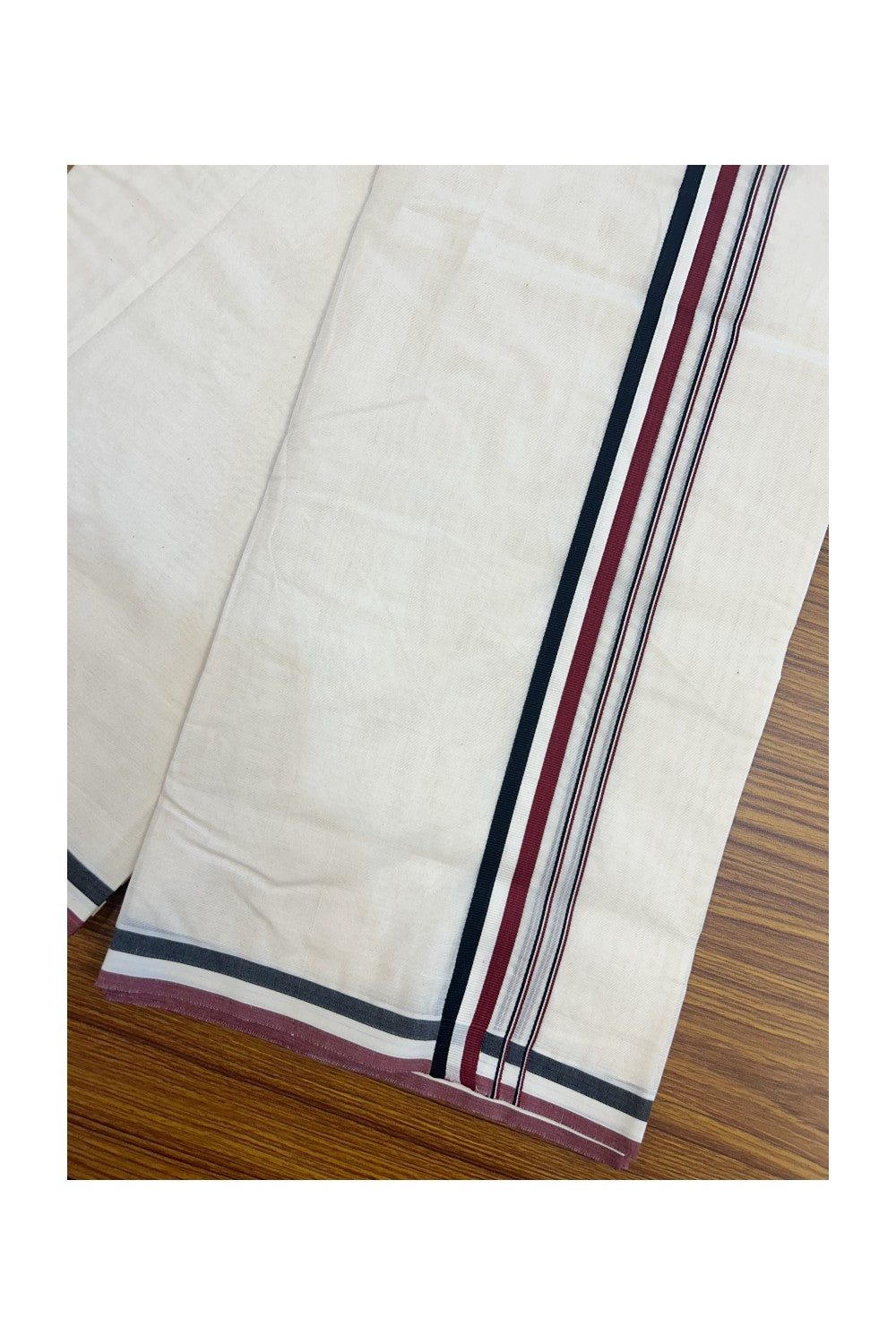 ADMK VESHTI - 22% DISCOUNT! KaithariKada 100% Cotton off white Double - (Unbleached) Mundu/Dhoti - 100X100 - 1 inch Black White & Maroon kara 4 mtr (8.5 muzham) - 7KK5187ASH