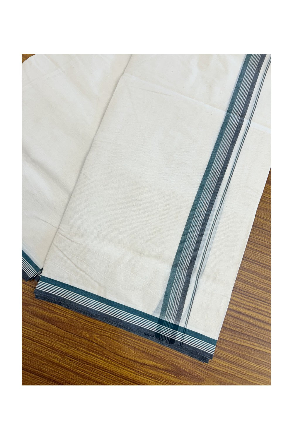20% DISCOUNT ! KaithariKada 100% Cotton OFF WHITE (Unbleached) Double Dhoti/Mundu- 1.25 inch Black & Green Striped Kara 4.50 Meters (10 Muzham) - 7KK5203ASH