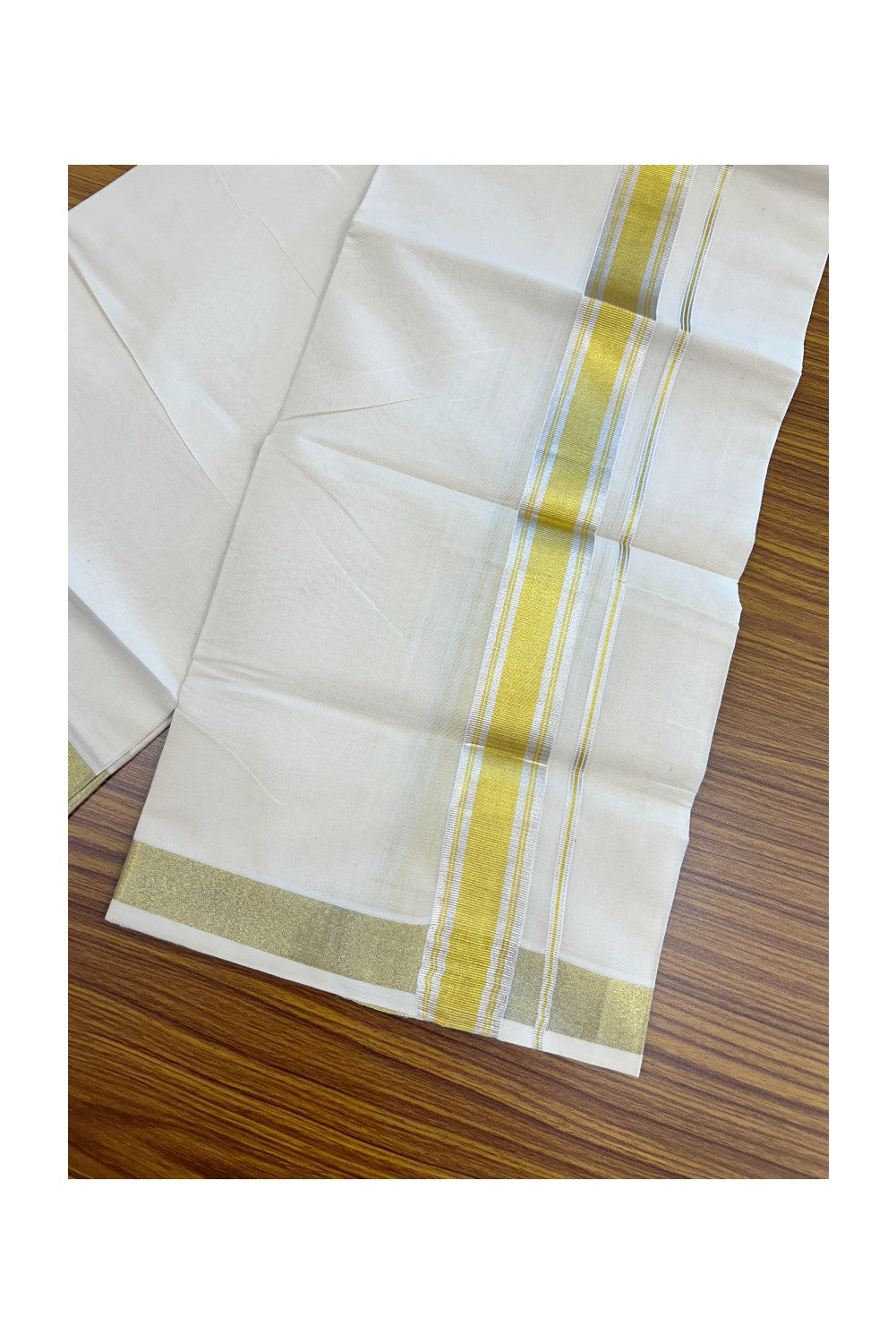 20% DISCOUNT ! KaithariKada Balaramapuram - 100% PURE Cotton Off White - (Unbleached) Double Mundu/Dhoti - 100X80 - 1.5 inch Gold Kasavu & Silver Kasavu Striped Kara - 7KK5212 VIN