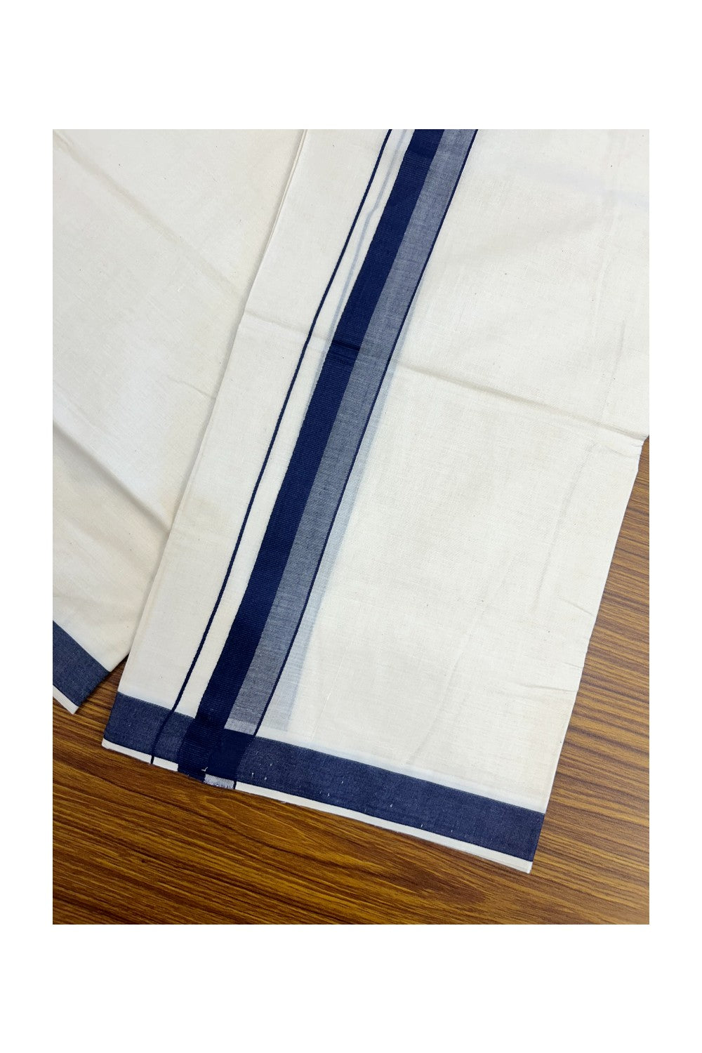 24% Discount ! KaithariKada Balaramapuram 100% Cotton Double OFF WHITE- (Unbleached) - Mundu / Dhoti- 100x80 - 1.5 inch Navy Blue Kara - 7KK5214 MC