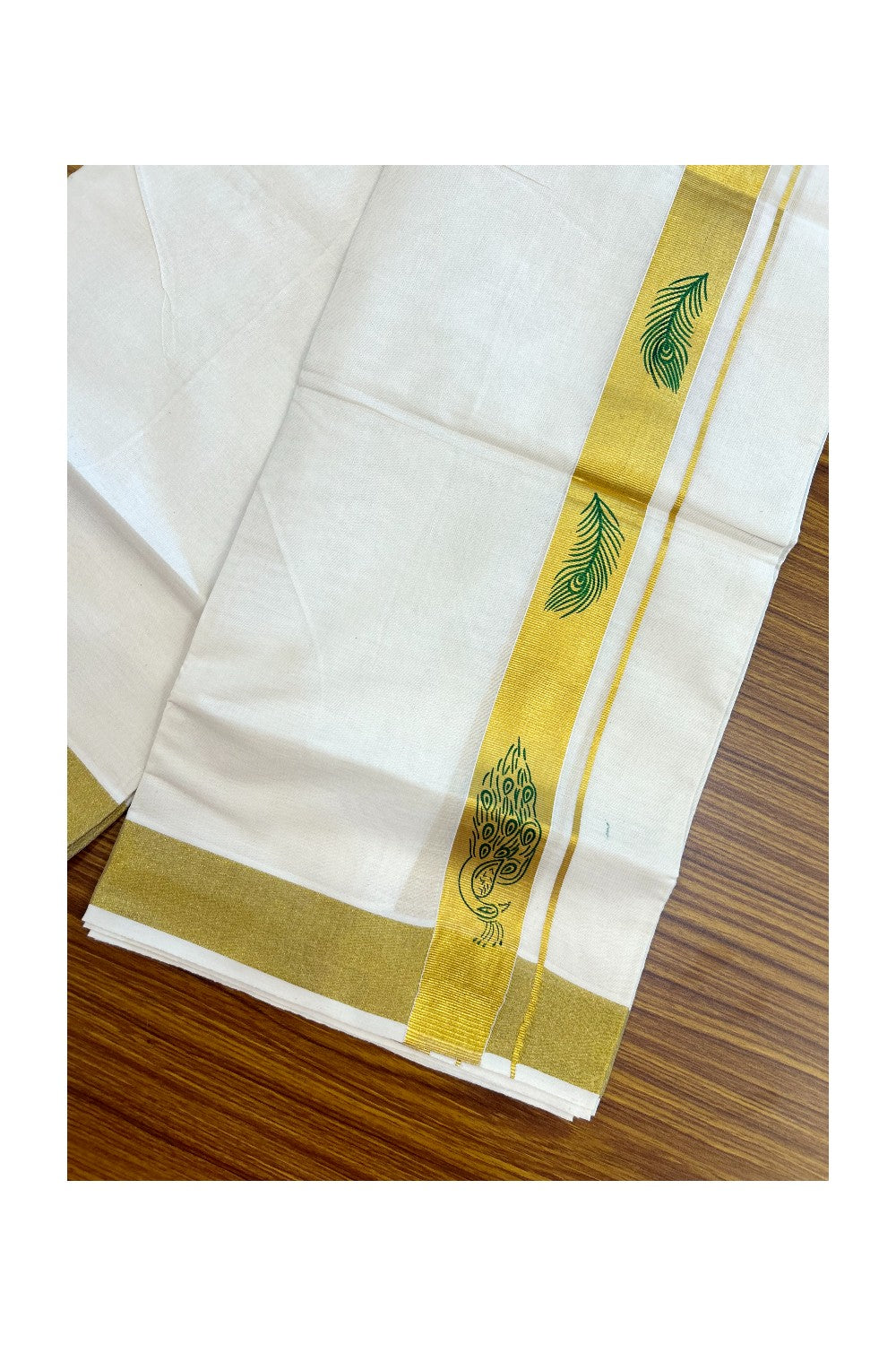 22% Discount!! KaithariKada Balaramapuram 100% Cotton DOUBLE OFF WHITE - (Ubleached) Mundu/Dhoti - 80x90 - 1.5 inch Gold Kasavu with Light Green Peacock & Peacock Feather Printed Design Kara - 7KK5219 GAN