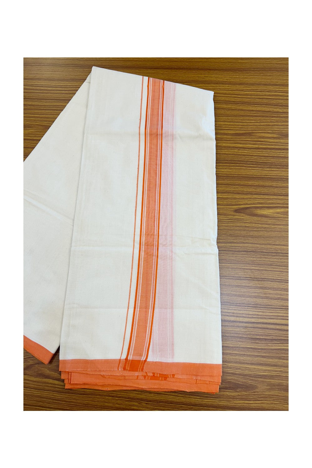 PREMIUM HANDLOOM-20% DISCOUNT! KaithariKada Cotton OFF White - 100x80 thread- NORTH INDIAN ATTACHED GAMCHA - 9X5 & 10X6 muzham Dhoti - 1.5 inch Orange Border - 7KK5223VEL