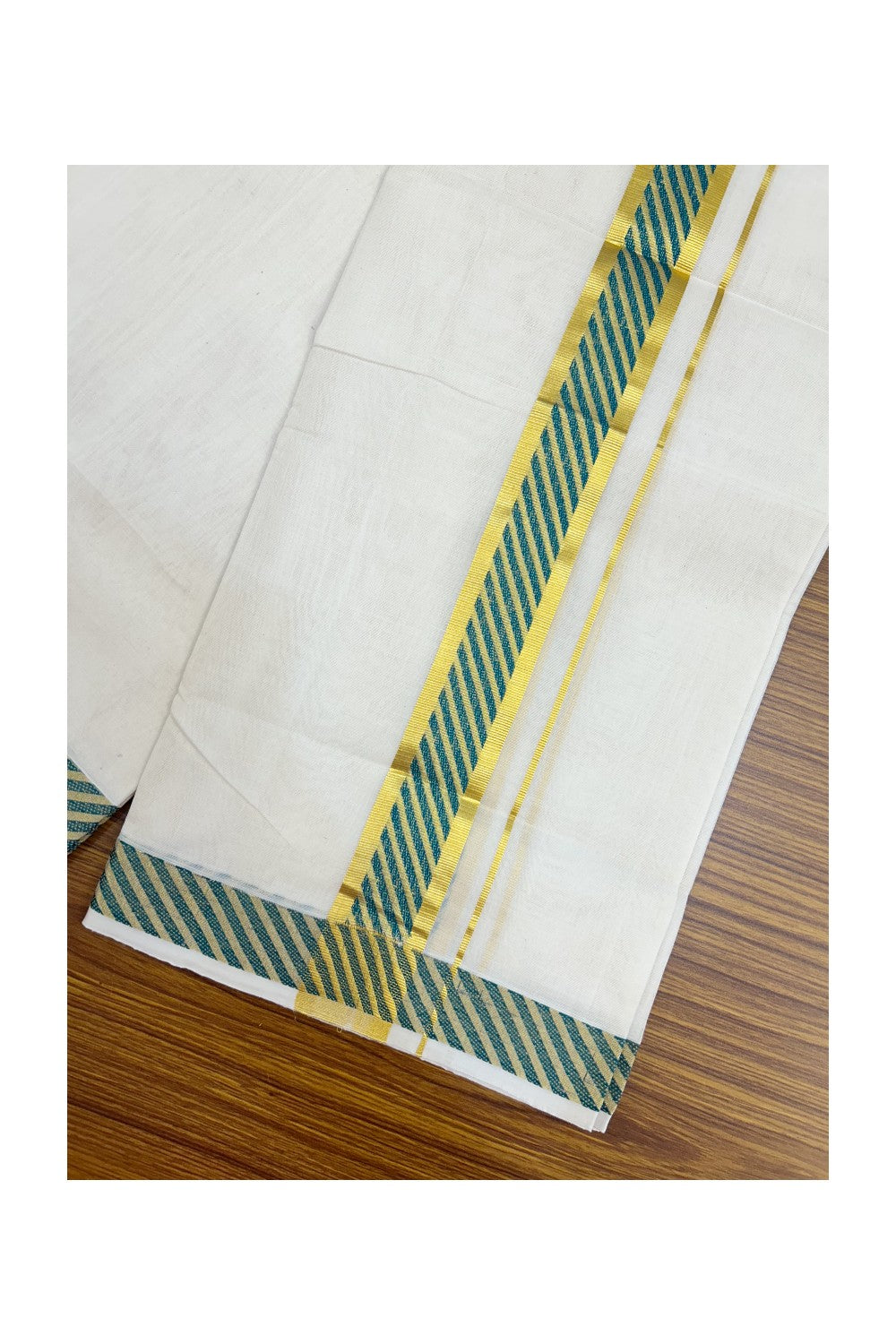 25% DISCOUNT ! KaithariKada HANDLOOM Unakkupaav Balaramapuram - 100% PURE Cotton OFF WHITE - (Unbleached) Double Mundu/Dhoti - 80x90 - 1.5 inch Gold Kasavu & Green Jacquard Design Kara 4 mtr (8.5 Muzham) - 6KK5231 ABH