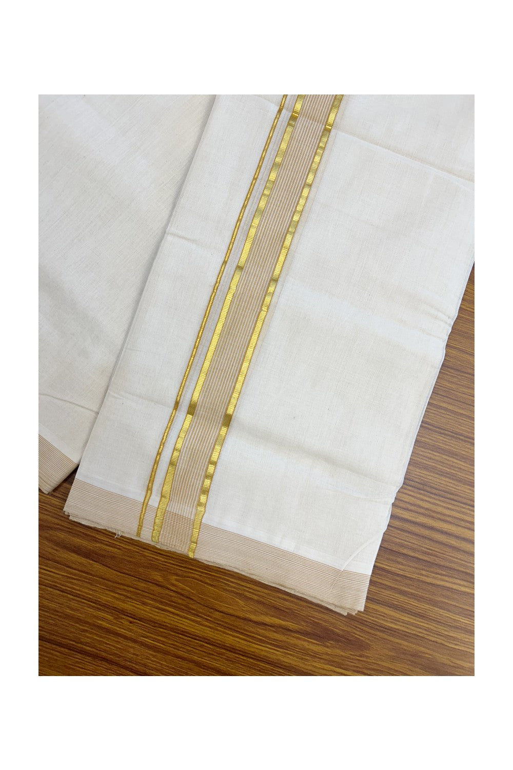 25% DISCOUNT!! KaithariKada HANDLOOM Millpaav Balaramapuram - 100% PURE Cotton OFF White Double (Unbleached) Mundu/Dothi - 80x90 - 1.5 Inch Gold Kasavu & Light Orange Stripes Kara 4 mtr (8.5 muzham) - 7KK5234 RAM