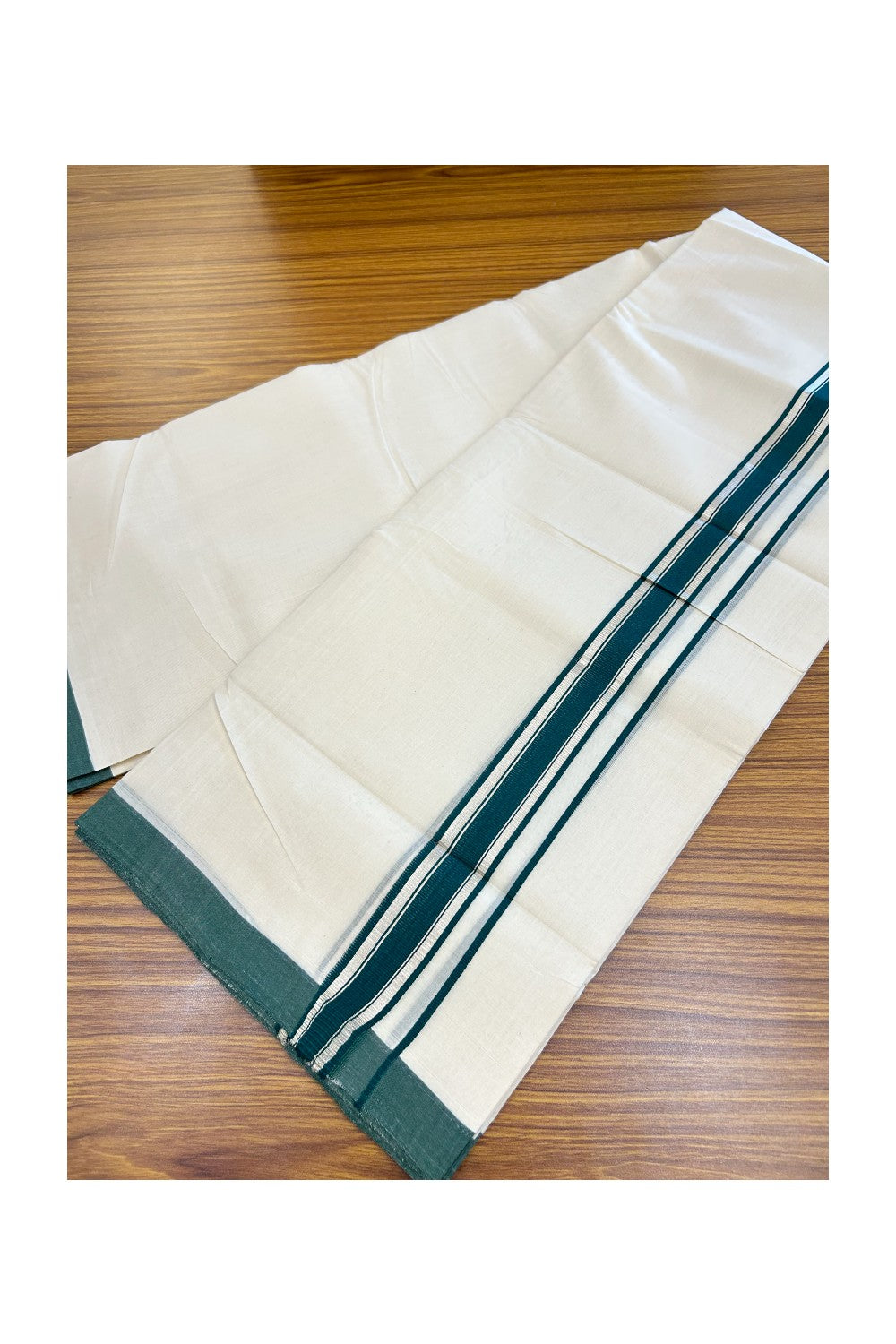 25% Discount!!! KaithariKada HANDLOOM MILLPAAV Balaramapuram - 100% PURE Cotton OFF WHITE (Unbleached) Double Mundu/Dhoti - 80x90 - 1.25 inch Silver kasavu Green kara 4 Mtr (8.5 Muzham) - 7KK5235 YAR