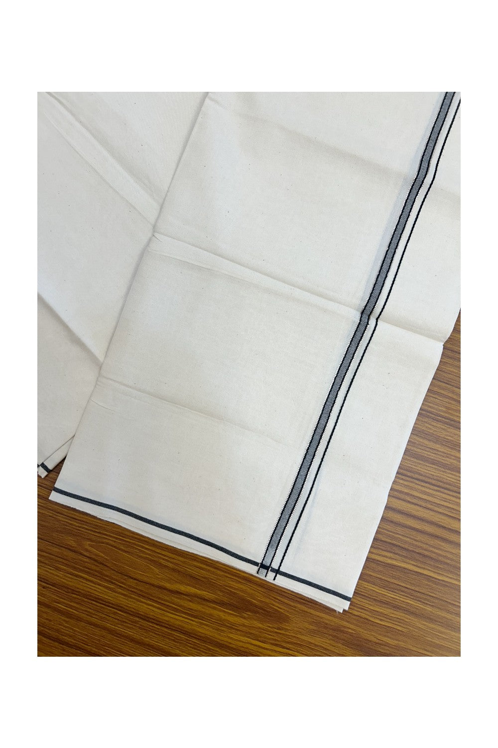 24% Discount !! KaithariKada Balaramapuram 100% Cotton OFF WHITE (Unbleached) Single Mundu/Dhoti - Twisted 60s Thread - 1 cm Silver Kasavu Black Thin Kara (2 meter / 4 muzham) - 5KK5236 GL