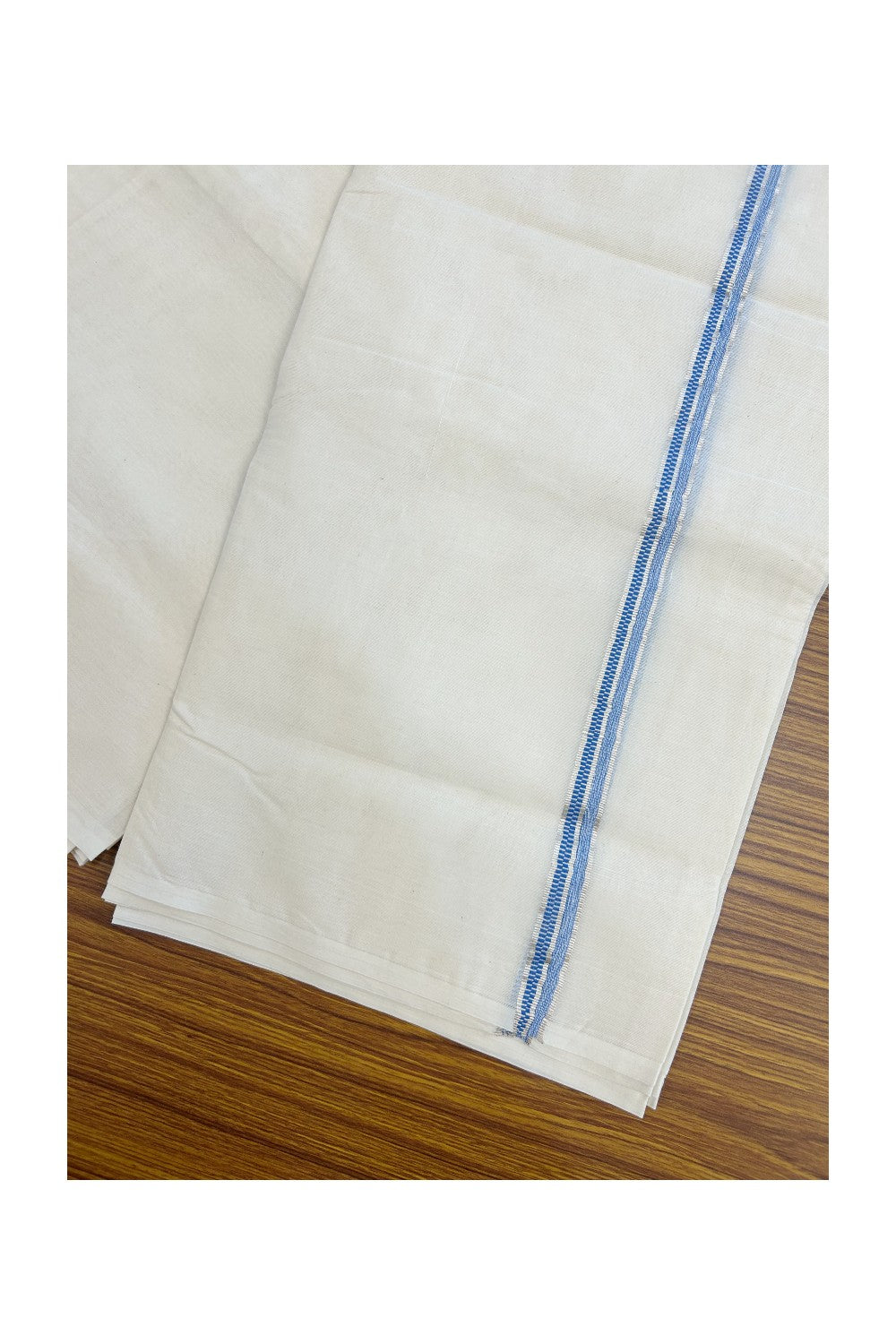 NEW !! 20% DISCOUNT!! KaithariKada Balaramapuram 100% Cotton Double Off white - (Unbleached) Mundu/Dhoti-100x100 - 1.5 cm Silver Kasavu & Blue Shaded Striped Design KARA - 4.36 mtr (9.34 Muzham) - 8KK5238 ASH