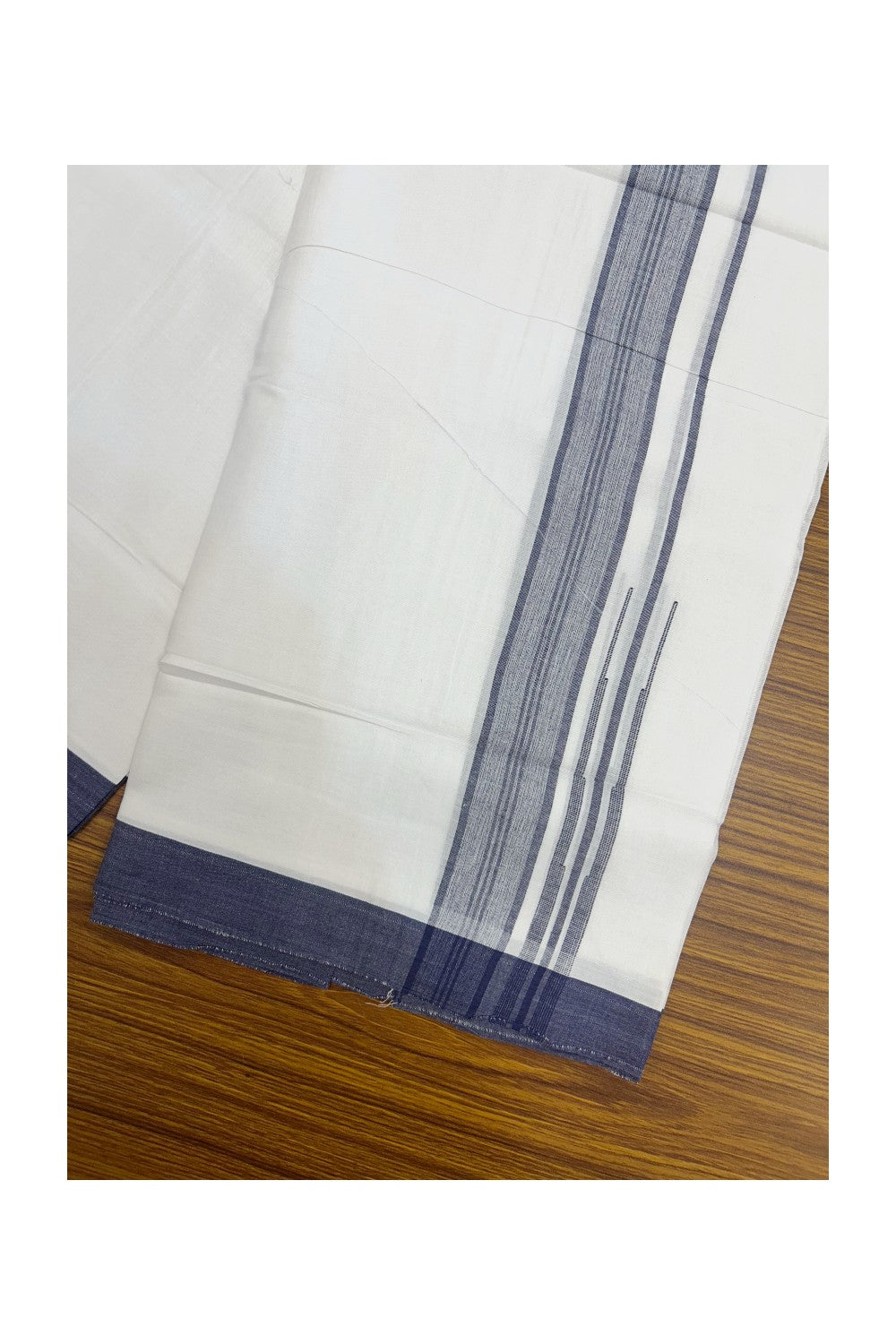 20% Discount!!! KaithariKada Balaramapuram Double PURE WHITE Mundu/Dhoti - (80s) - 1.5 inch puliyilakkara Navy Blue Shaded Striped chutty Kara - 3.86 mtr ( 8 muzham)- 7KK5239 GAN