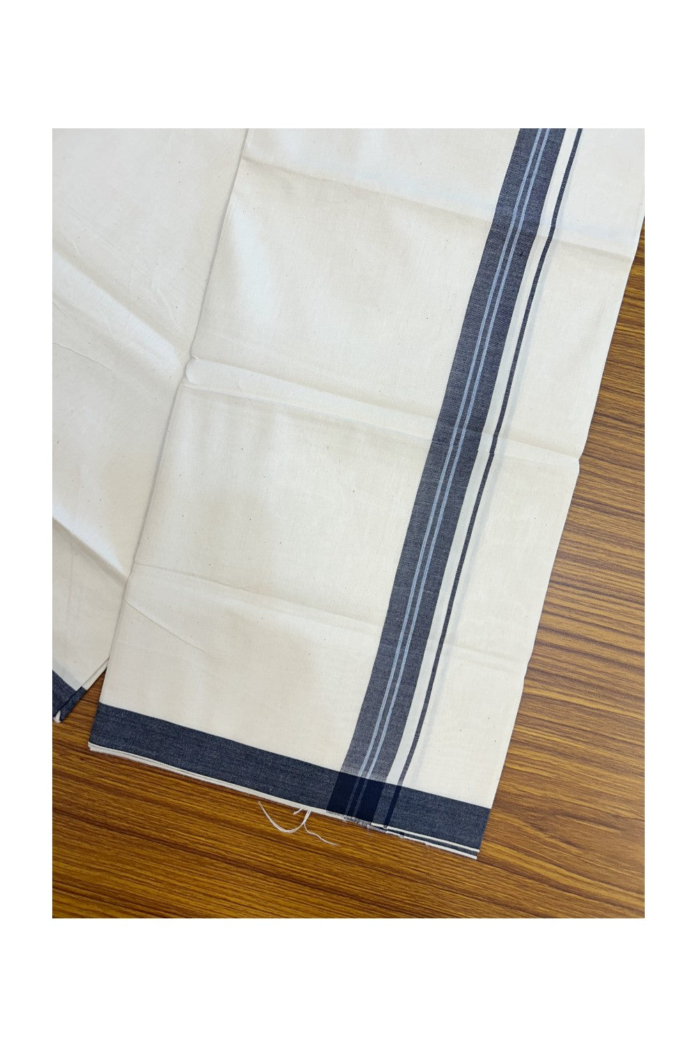 24% Discount !! KaithariKada Balaramapuram 100% Cotton OFF WHITE (Unbleached) Single Mundu/Dhoti - Twisted 60s Thread - 1 inch Navy blue & black shaded striped Kara (2 meter / 4 muzham) - 37KK5241 GL