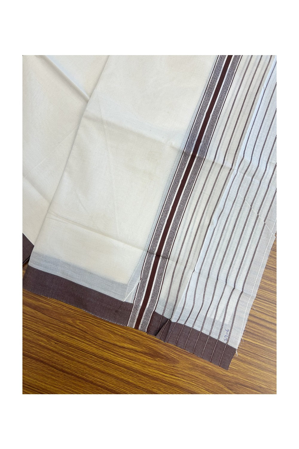 20% Discount !! KaithariKada Balaramapuram Double OFF WHITE (Unbleached) Mundu/Dhoti - 100x80 - 8 inch Brown & Silver Striped kara 4 mtr (8.5 muzham) - 7KK5243 PMC