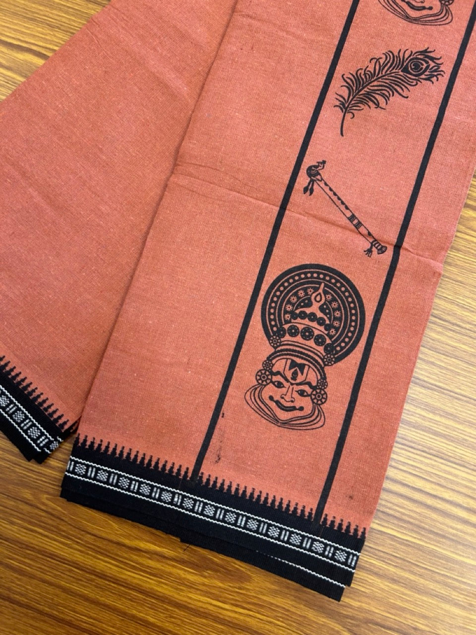 8% Discount!!! Kaitharikada Mixed Cotton Single KAVI - Kaily / Lungi - 3.25 inch BLACK Kathakali Flute Peacock kara Kuppadam Border (2 meter / 4 muzham) - 7KK8027AS