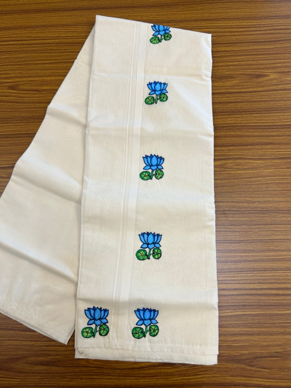KaithariKada Balaramapuram 100% Cotton Double Off white - (Unbleached) Mundu/Dhoti-100x80 - 0.5 inch Hand Painted Blue Lotus Design Kara 3.80 mtr (8 muzham) - 5 KK5244 ASH