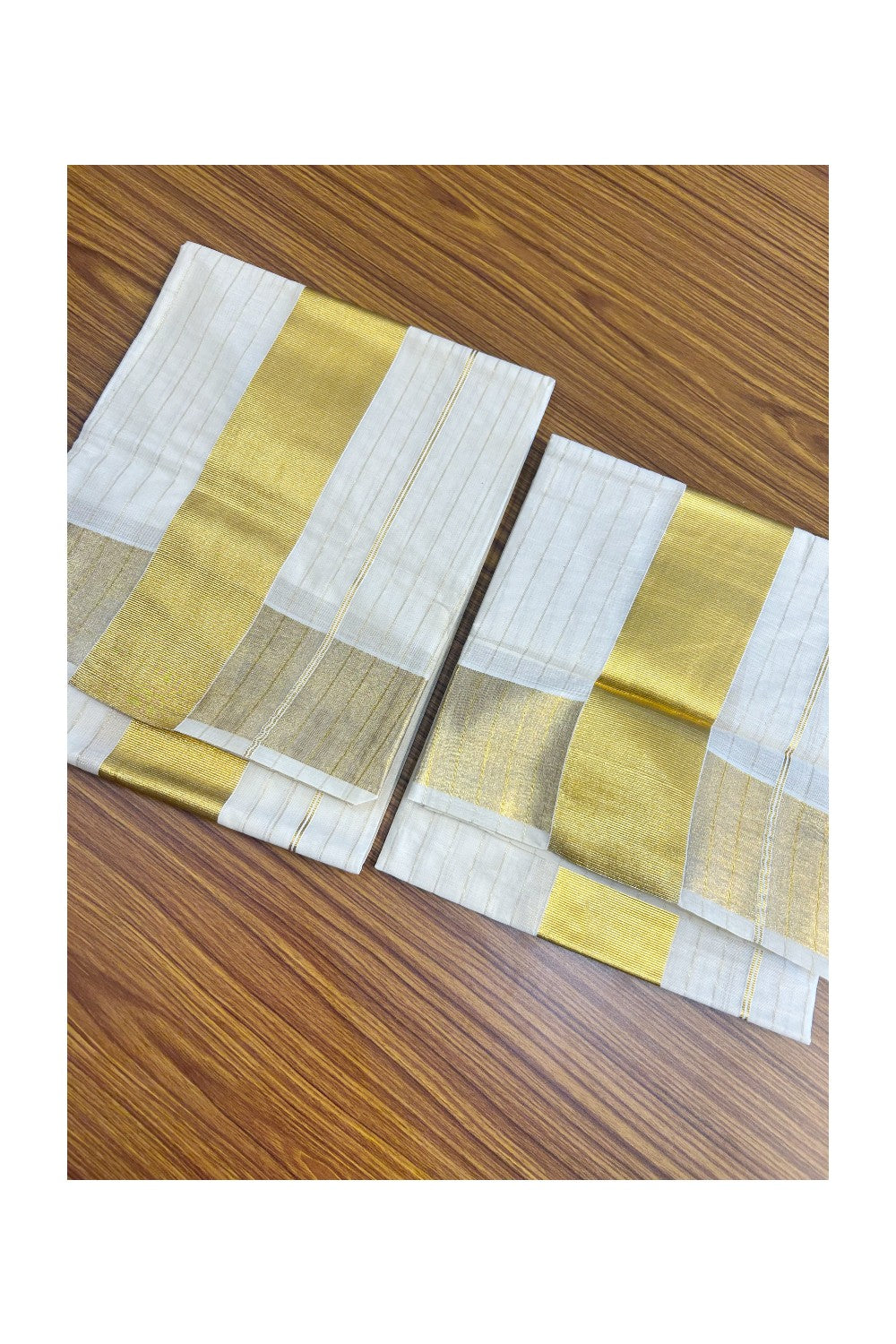 25% Discount!! KaithariKada - Kerala Pure Cotton OFF WHITE SINGLE SET MUND FOR WOMEN - Stripes Gold Kasavu Big Kara - 7KK5152PMC