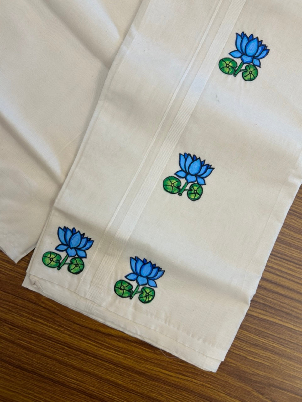 KaithariKada Balaramapuram 100% Cotton Double Off white - (Unbleached) Mundu/Dhoti-100x80 - 0.5 inch Hand Painted Blue Lotus Design Kara 3.80 mtr (8 muzham) - 5 KK5244 ASH