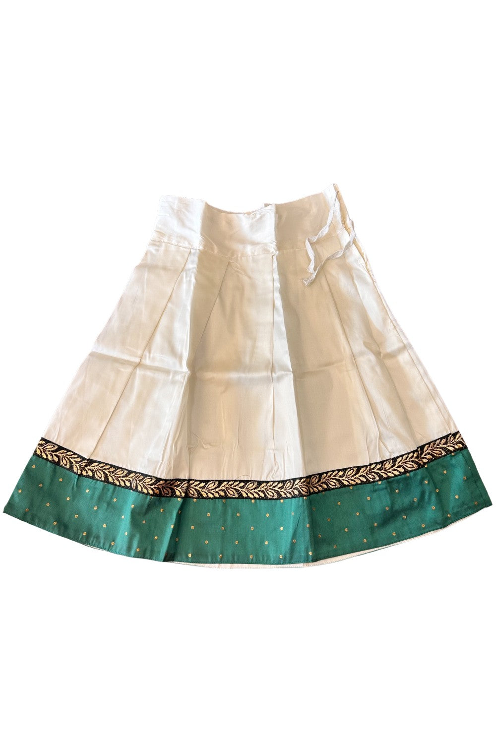Midukki-Traditional South Indian Kids Pattu Pavada- Green top offwhite skirt with leaf border design - Age 3 - KK3MID007
