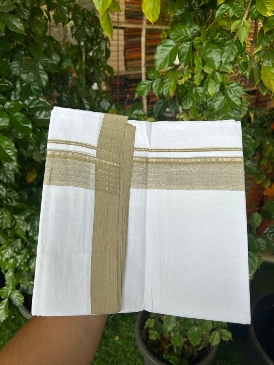 4.5 Meters (10 Muzham) - Pure white double 20% Discount ! KaithariKada Balaramapuram - 100% Pure Cotton 100x80 - Mundu/Dothi - 1.75 inch Sage Green Shaded Silver Kasav Kara - 70 KK5258 THI