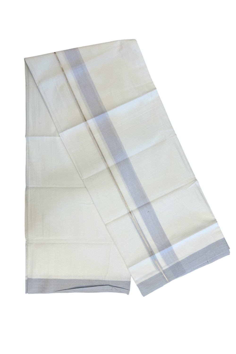 20% Discount ! Kaitharikada Balaramapuram 100% Cotton PURE WHITE Double Mundu/Dothi - 100x80 - 1.25 inch Silver Kasavu & Light Steel Blue Shaded Chutty Kara - 70KK5182VAS