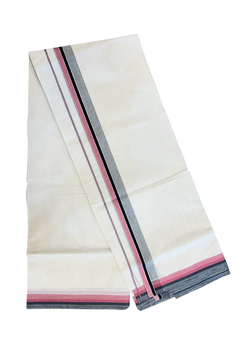 20% DISCOUNT! KaithariKada Balaramapuram 100% Cotton Double OFF WHITE (unbleached) Mundu/Dhoti- 100x80- 1.5 inch Silver Kasavu Black & Pink Stripes Shaded Kara 4 mtr (8.5 muzham) - 70KK5227 PMC